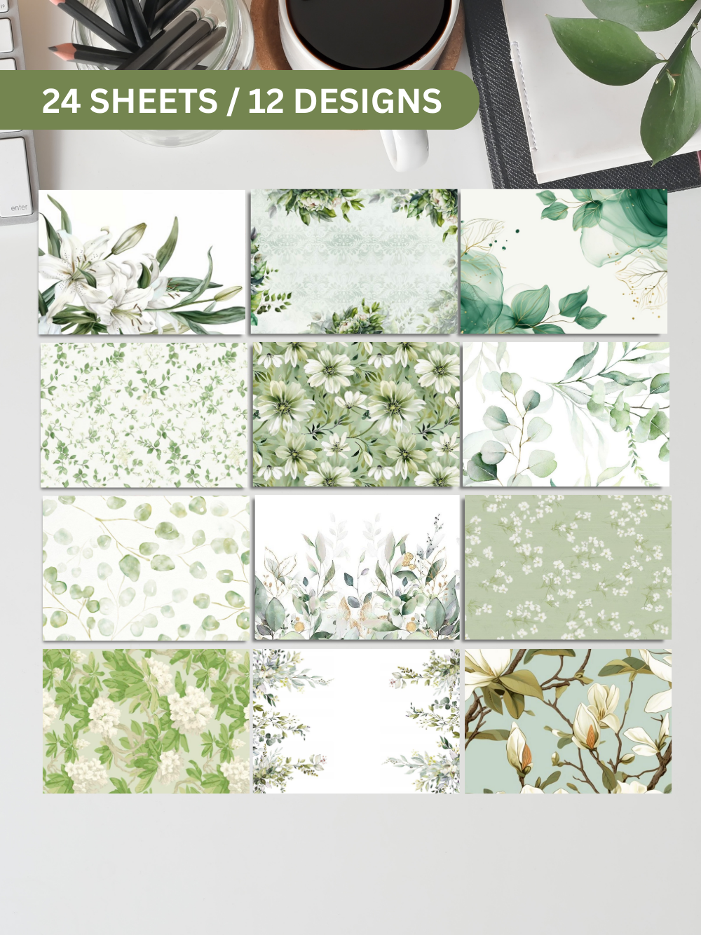 Designer Paper Pad – Green Garden Leaves Theme Scrapbook Paper Set
