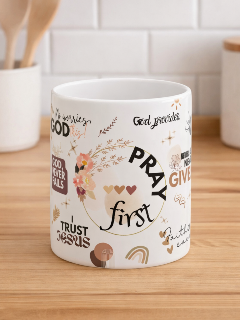 Prayer First Ceramic Mug — Faith-Inspired Coffee Cup with Inspirational Scripture Quotes Brown Love (11oz)