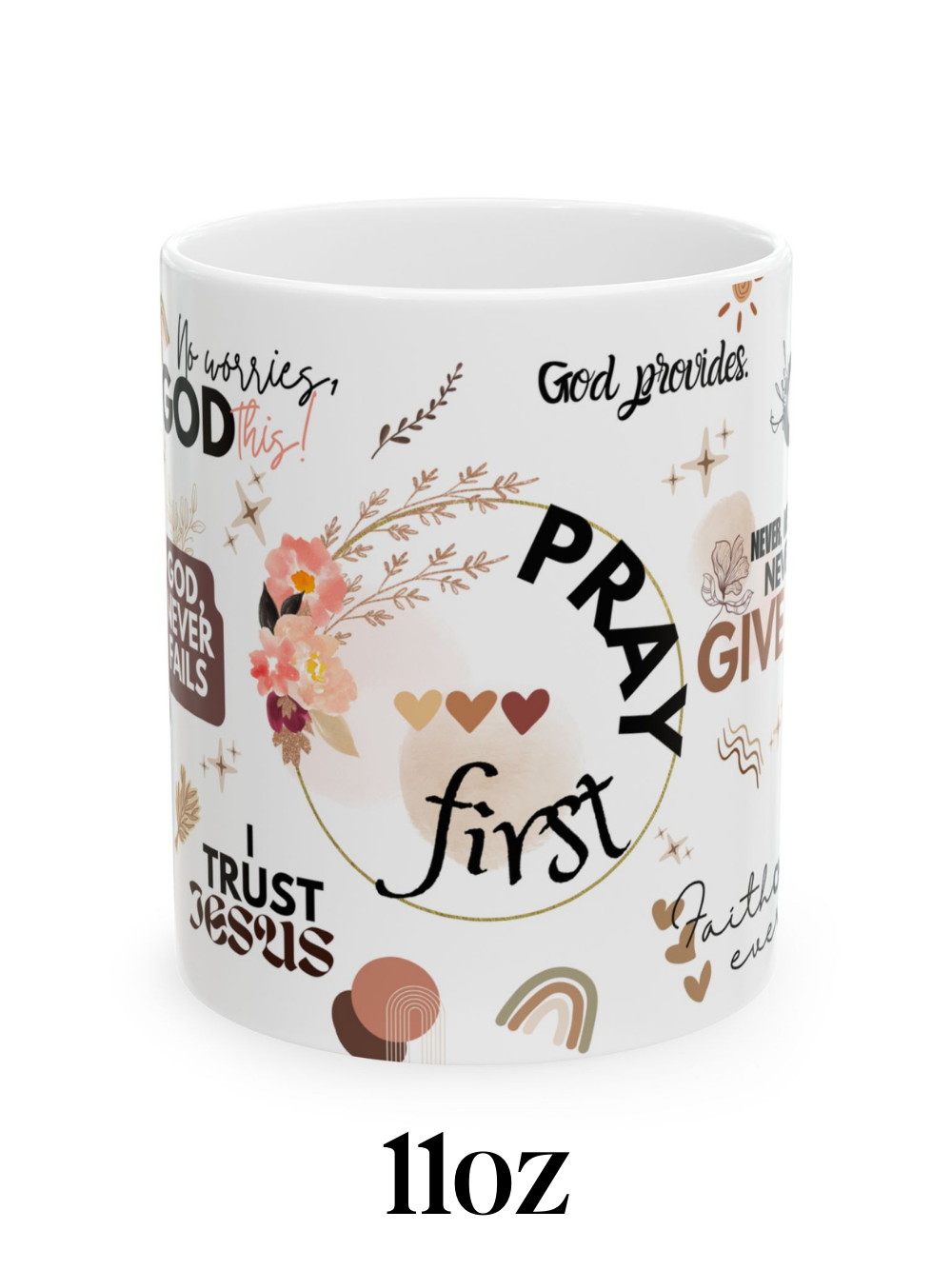 Prayer First Ceramic Mug — Faith-Inspired Coffee Cup with Inspirational Scripture Quotes Brown Love (11oz)