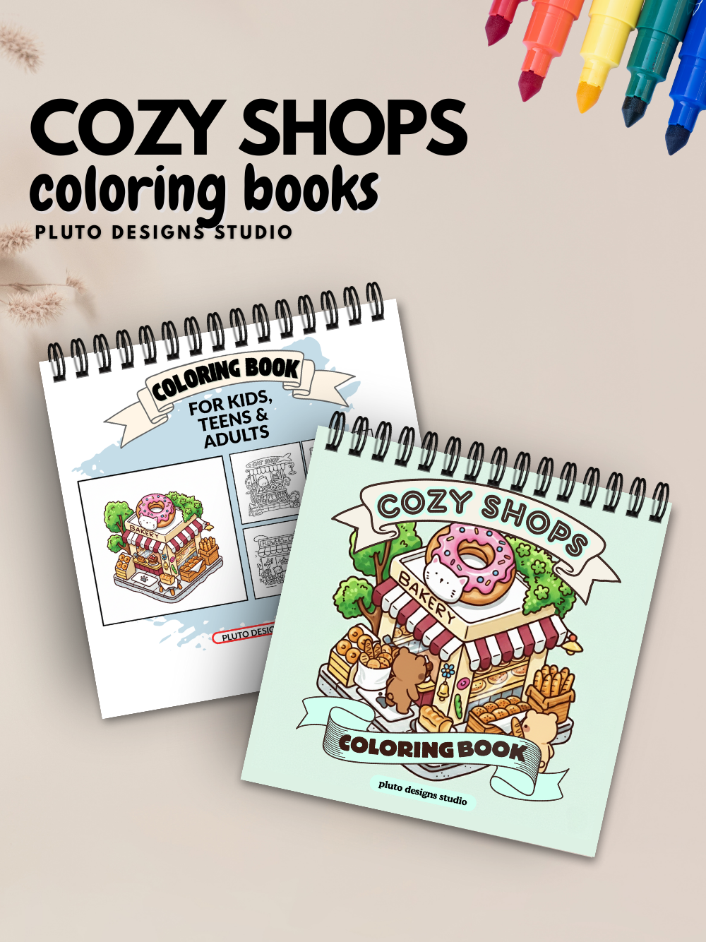 Cozy Spaces and Shops Coloring Book for Kids Teens & Adults