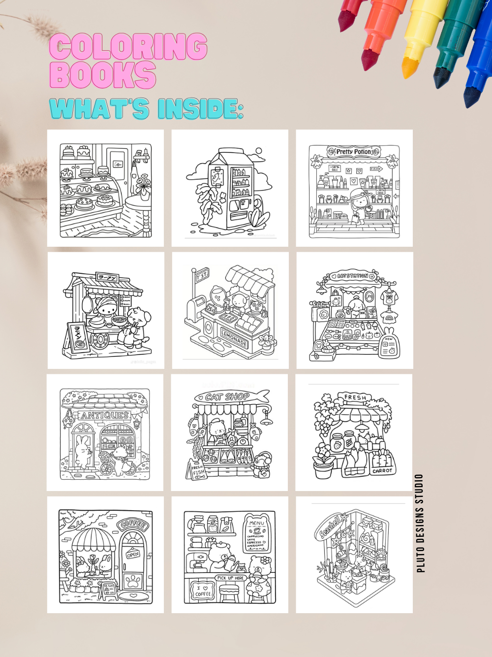 Cozy Spaces and Shops Coloring Book for Kids Teens & Adults