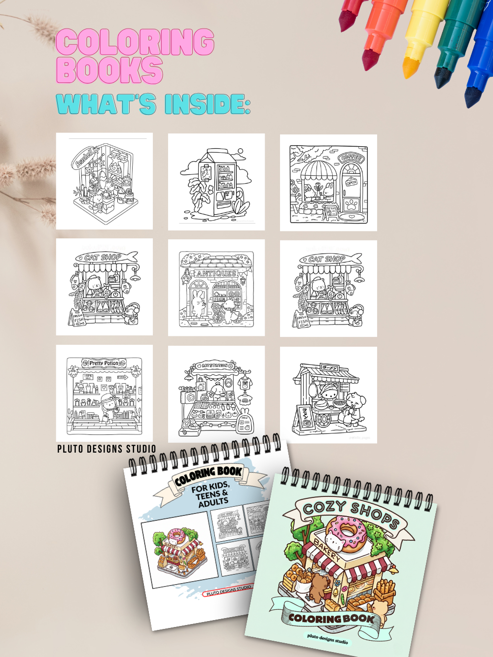 Cozy Spaces and Shops Coloring Book for Kids Teens & Adults