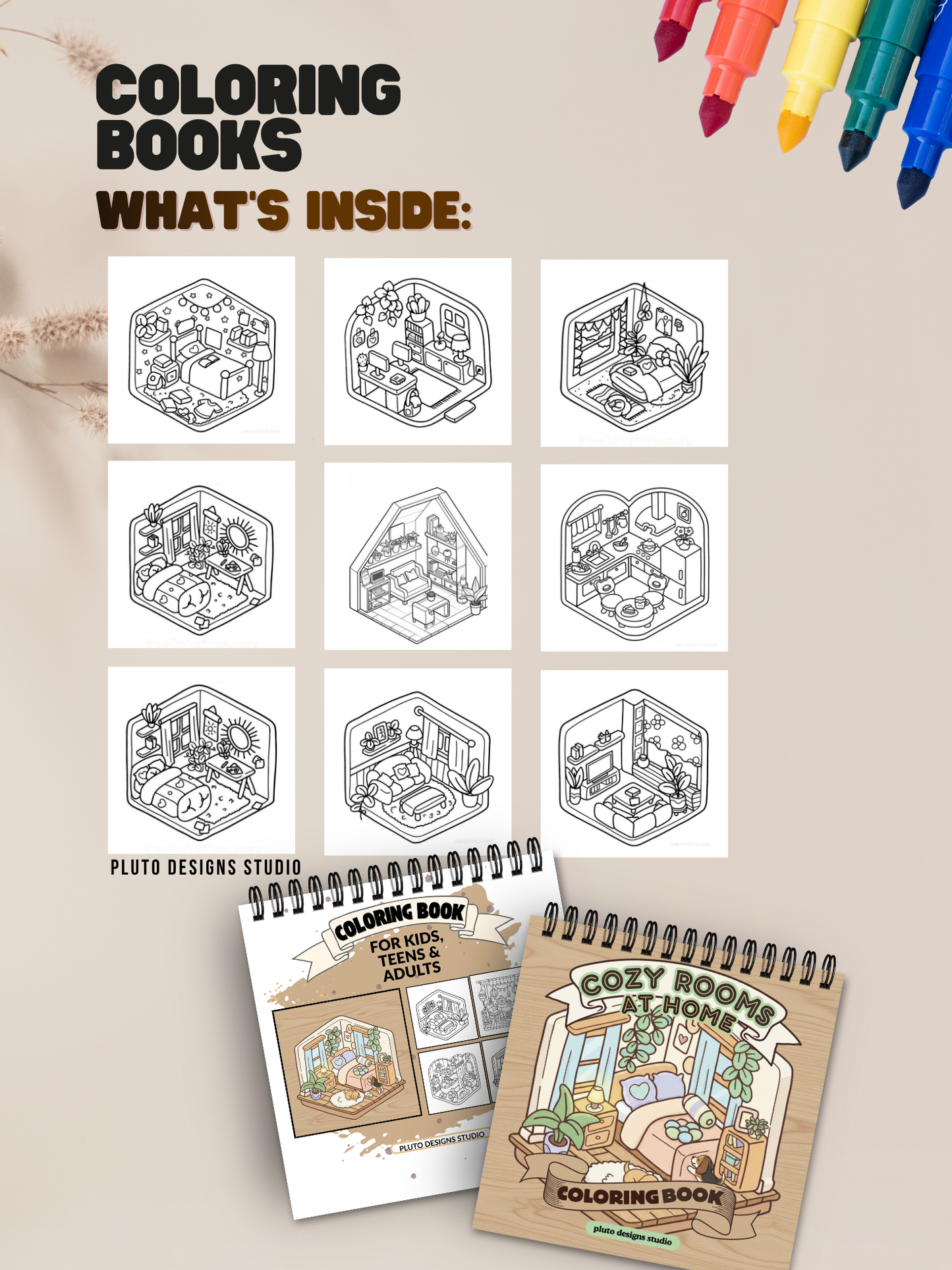 Cozy Rooms Coloring Book – Relaxing Home-Inspired Coloring Pages for All Ages (56 illustrations)