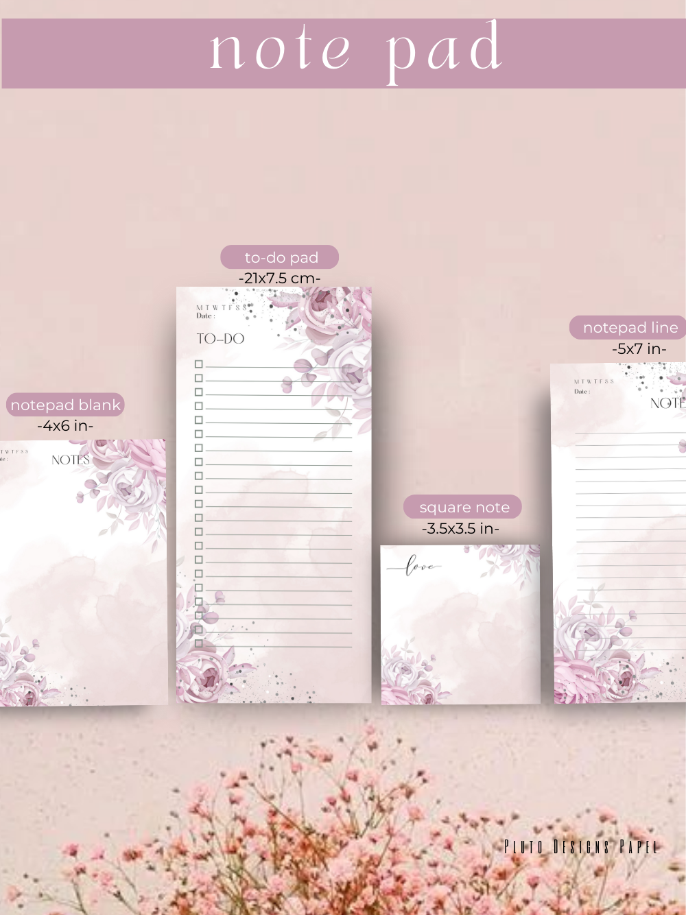 Personalized Weekly Planner & Notepad Sets in Roses and Green Garden