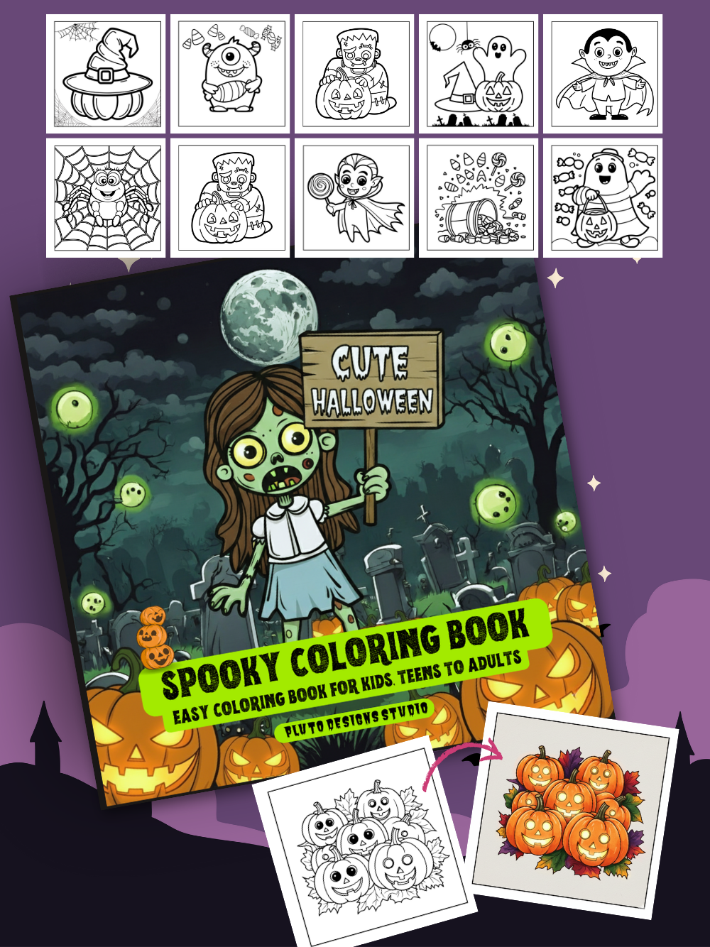 Halloween Coloring Book Series for Kids Teens and Adults |Simple, Cute Spooky Illustrations