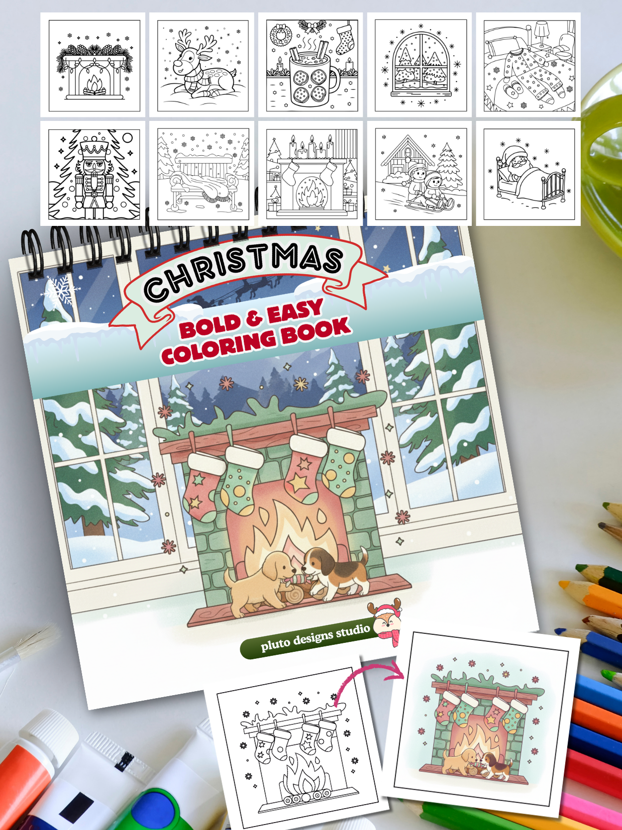 Snowy Christmas Coloring Book – 60 Easy Fun & Bold Holiday Illustrations Coloring for Kids, Teens & Adults