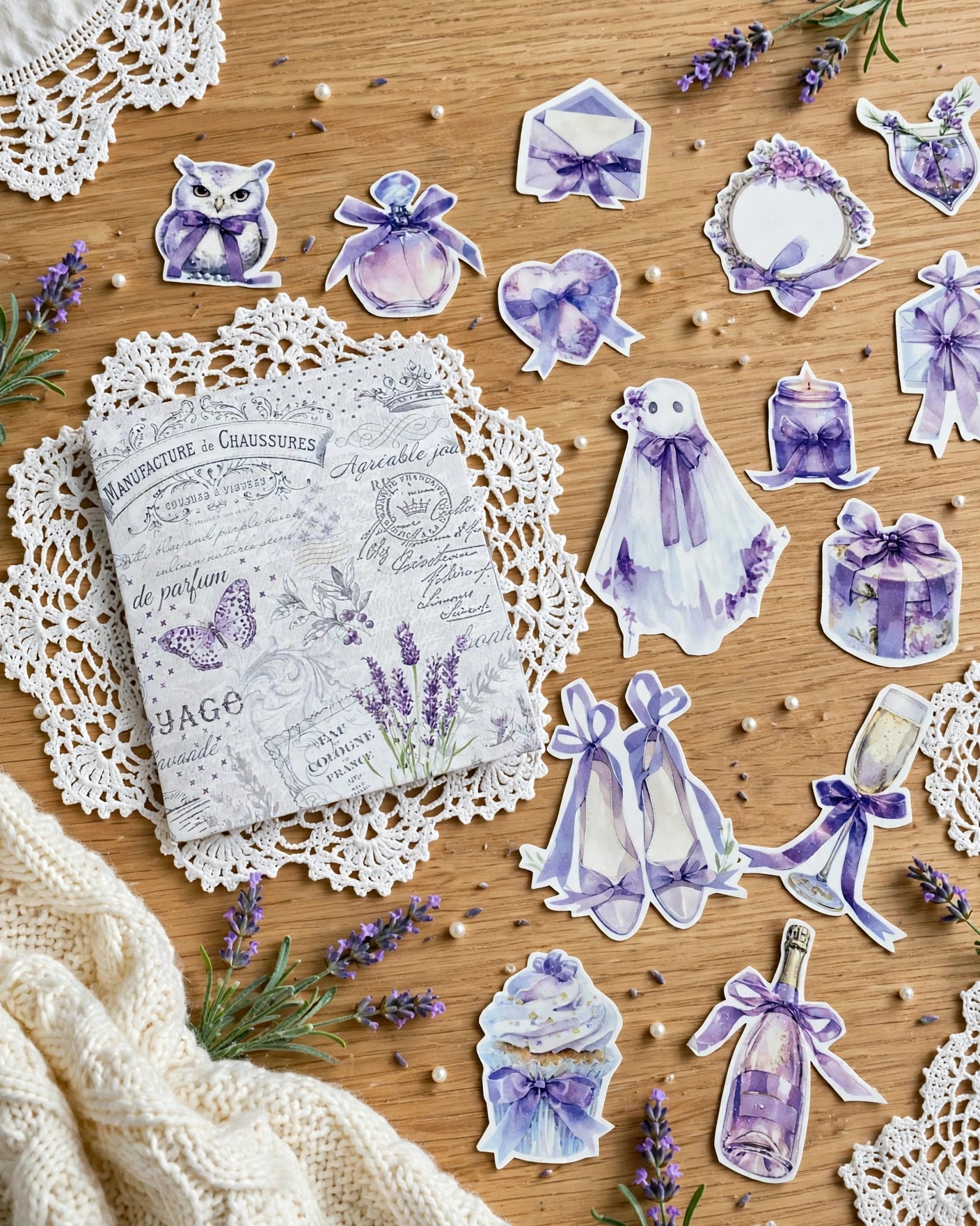 Shabby Lavender Waterproof Vinyl Stickers – 22-Piece Aesthetic Floral Sticker Pack Set 1