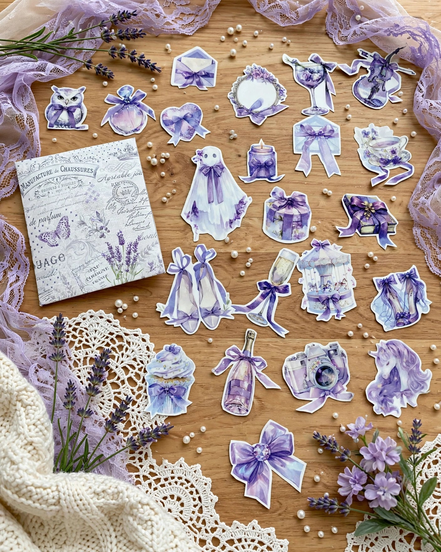 Shabby Lavender Waterproof Vinyl Stickers – 22-Piece Aesthetic Floral Sticker Pack Set 1