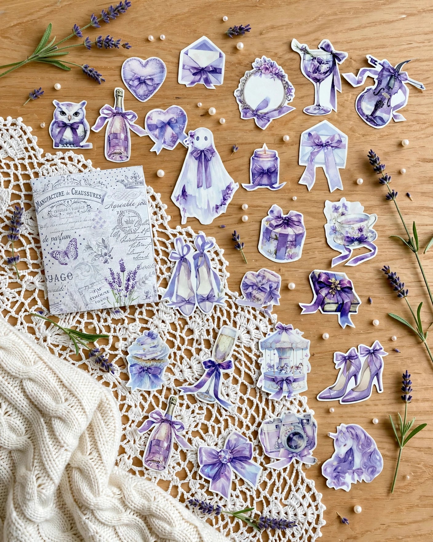 Shabby Lavender Waterproof Vinyl Stickers – 22-Piece Aesthetic Floral Sticker Pack Set 1