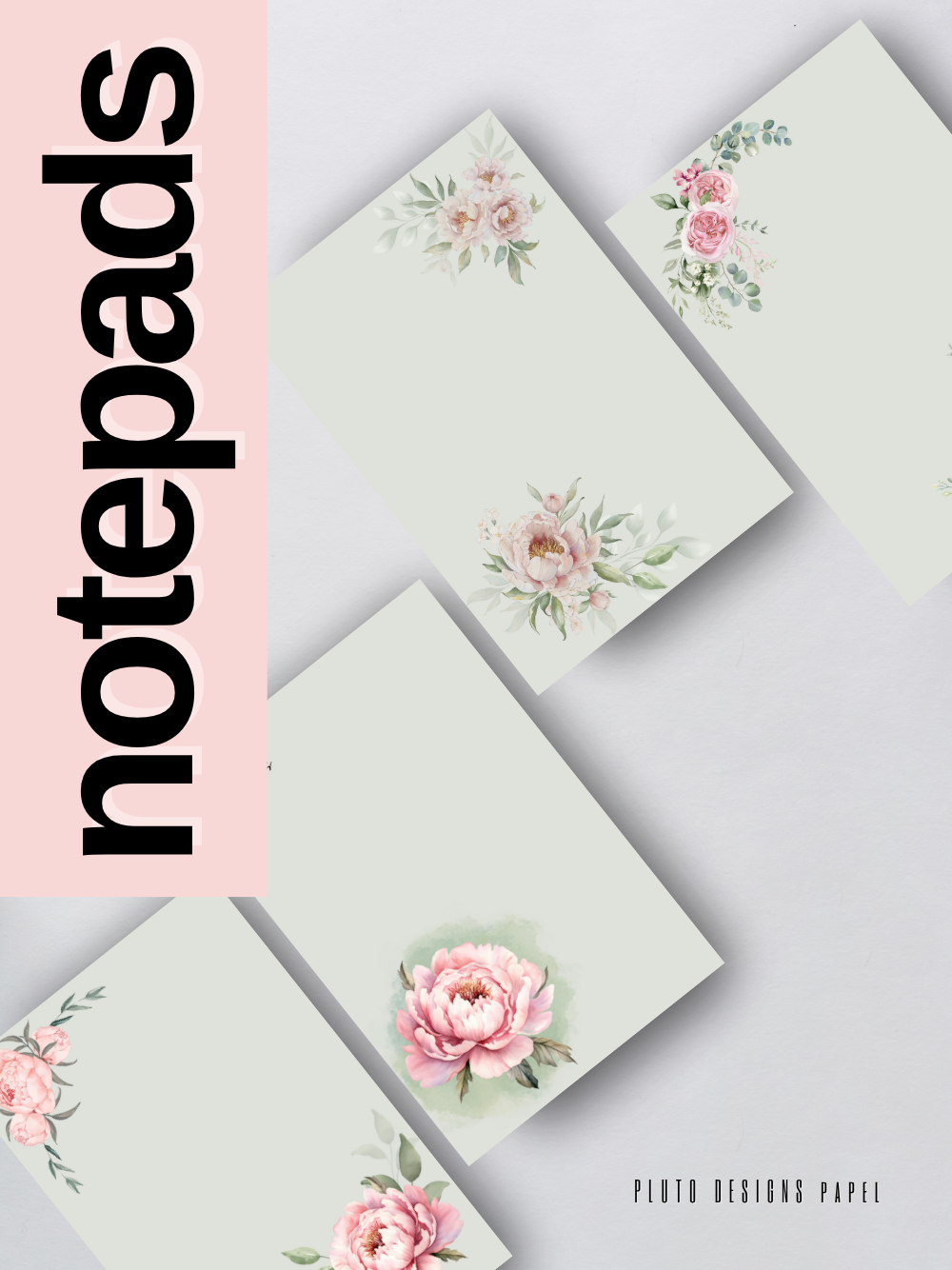 Sage Green Shabby Chic Notepad in Romantic Green with Peonies Flower