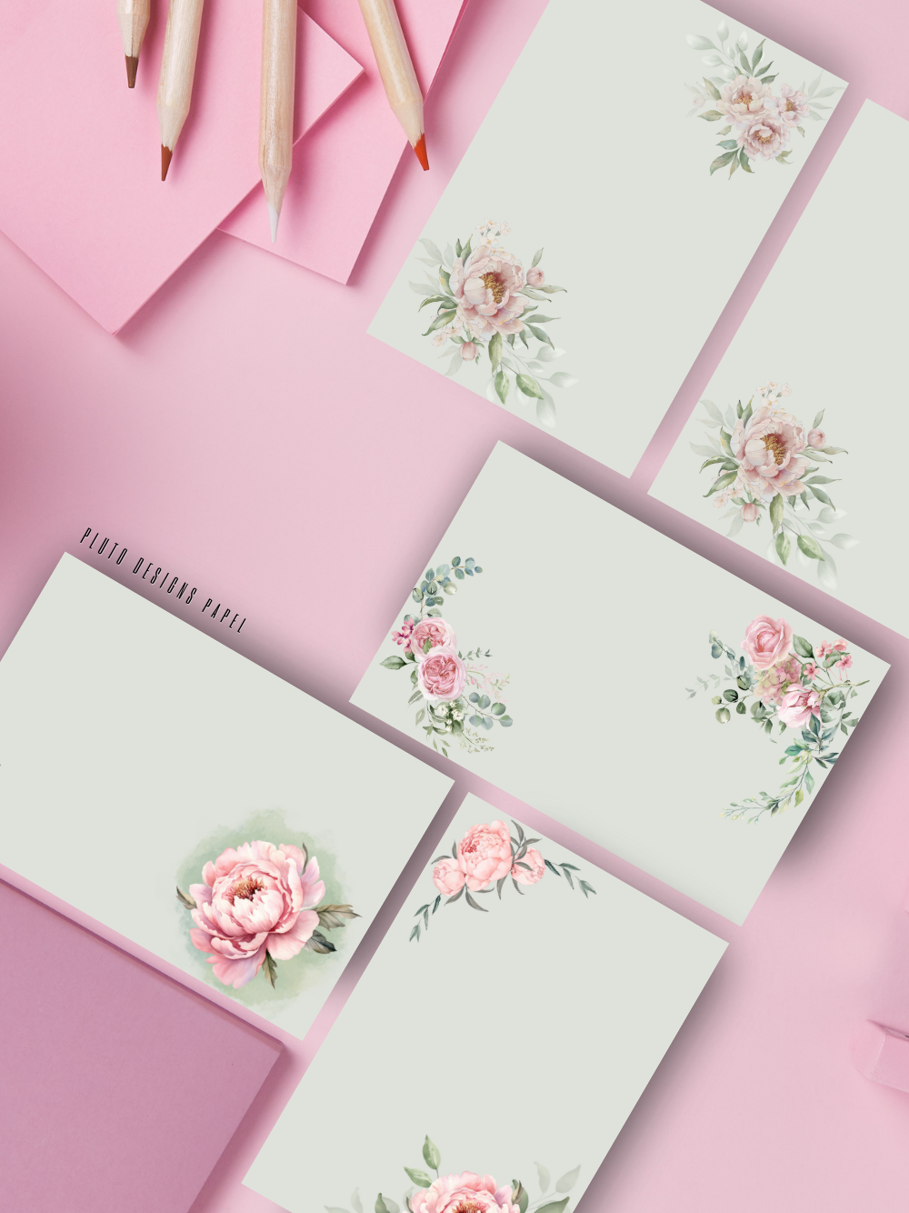 Sage Green Shabby Chic Notepad in Romantic Green with Peonies Flower