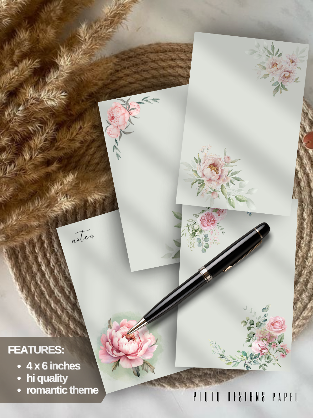 Sage Green Shabby Chic Notepad in Romantic Green with Peonies Flower