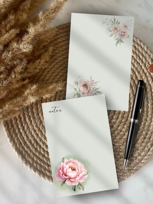 Sage Green Shabby Chic Notepad in Romantic Green with Peonies Flower