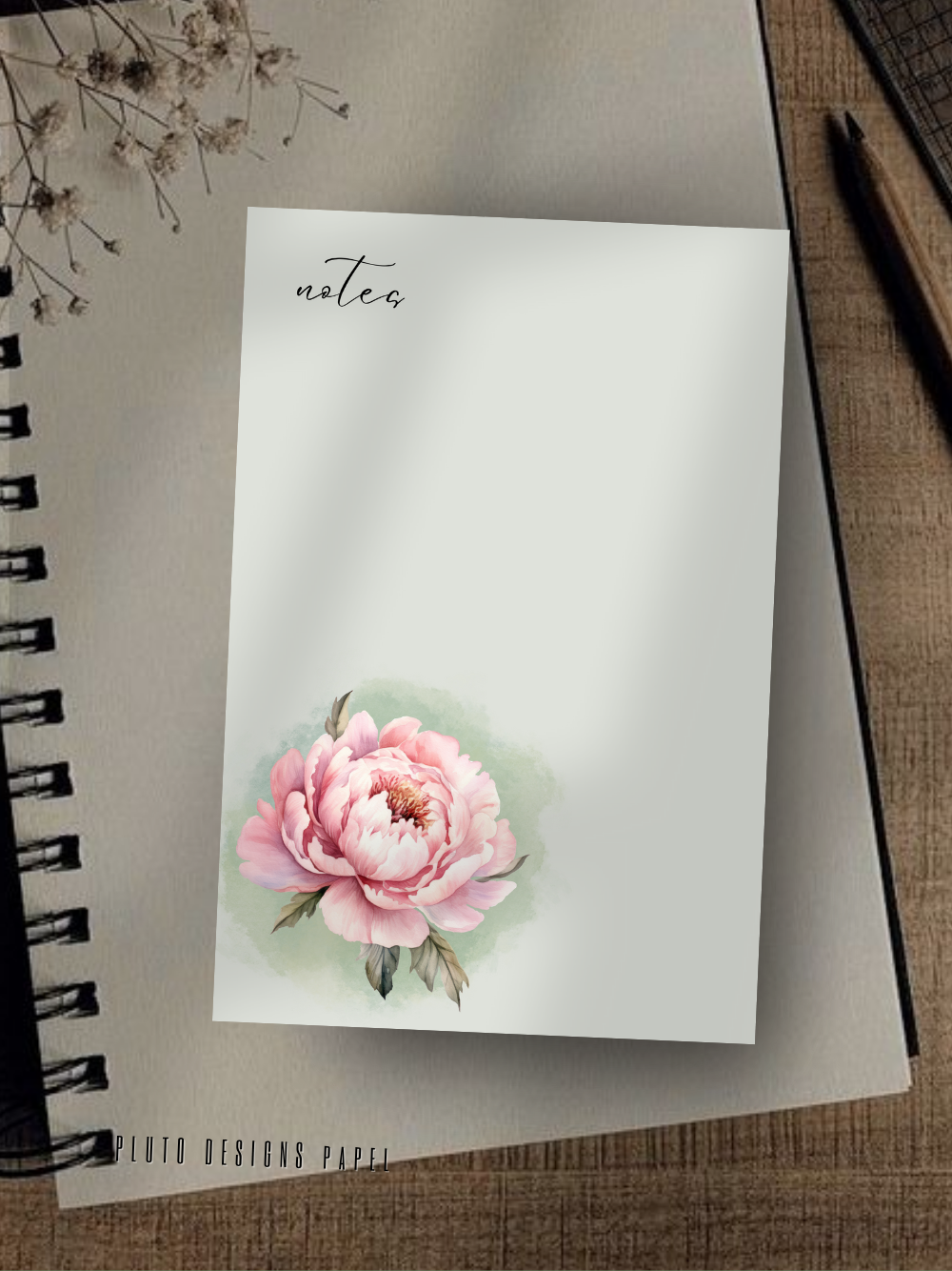 Sage Green Shabby Chic Notepad in Romantic Green with Peonies Flower