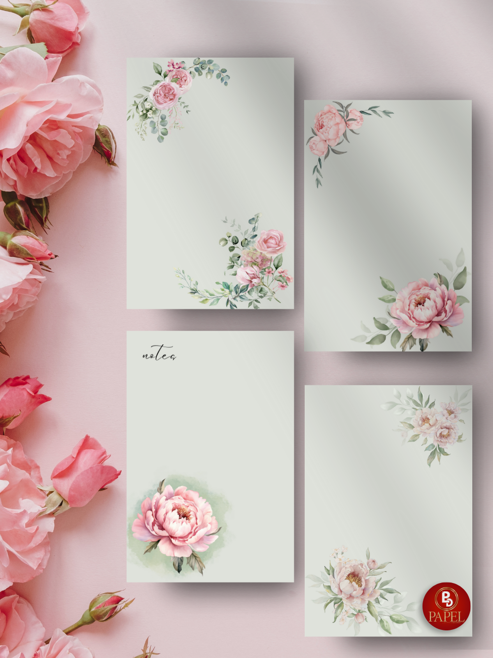 Sage Green Shabby Chic Notepad in Romantic Green with Peonies Flower