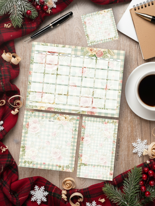 Shabby Chic Stationery Set – Undated Calendar Planner + Memo Pads | Romantic Floral Desk Set