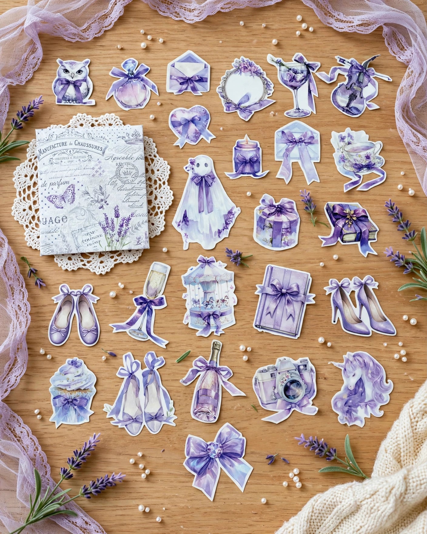 Shabby Lavender Waterproof Vinyl Stickers – 22-Piece Aesthetic Floral Sticker Pack Set 1
